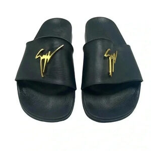 Giuseppe Zanotti Brett black leather Slide Sandal With gold Logo size 42